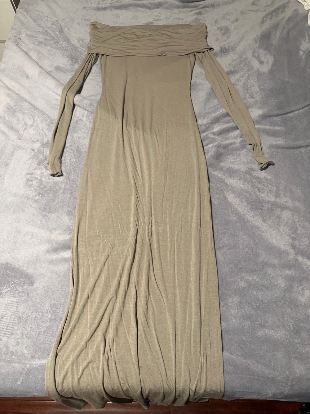 SKIMS Off-the-Shoulder Long Sleeve Maxi Dress in Dune